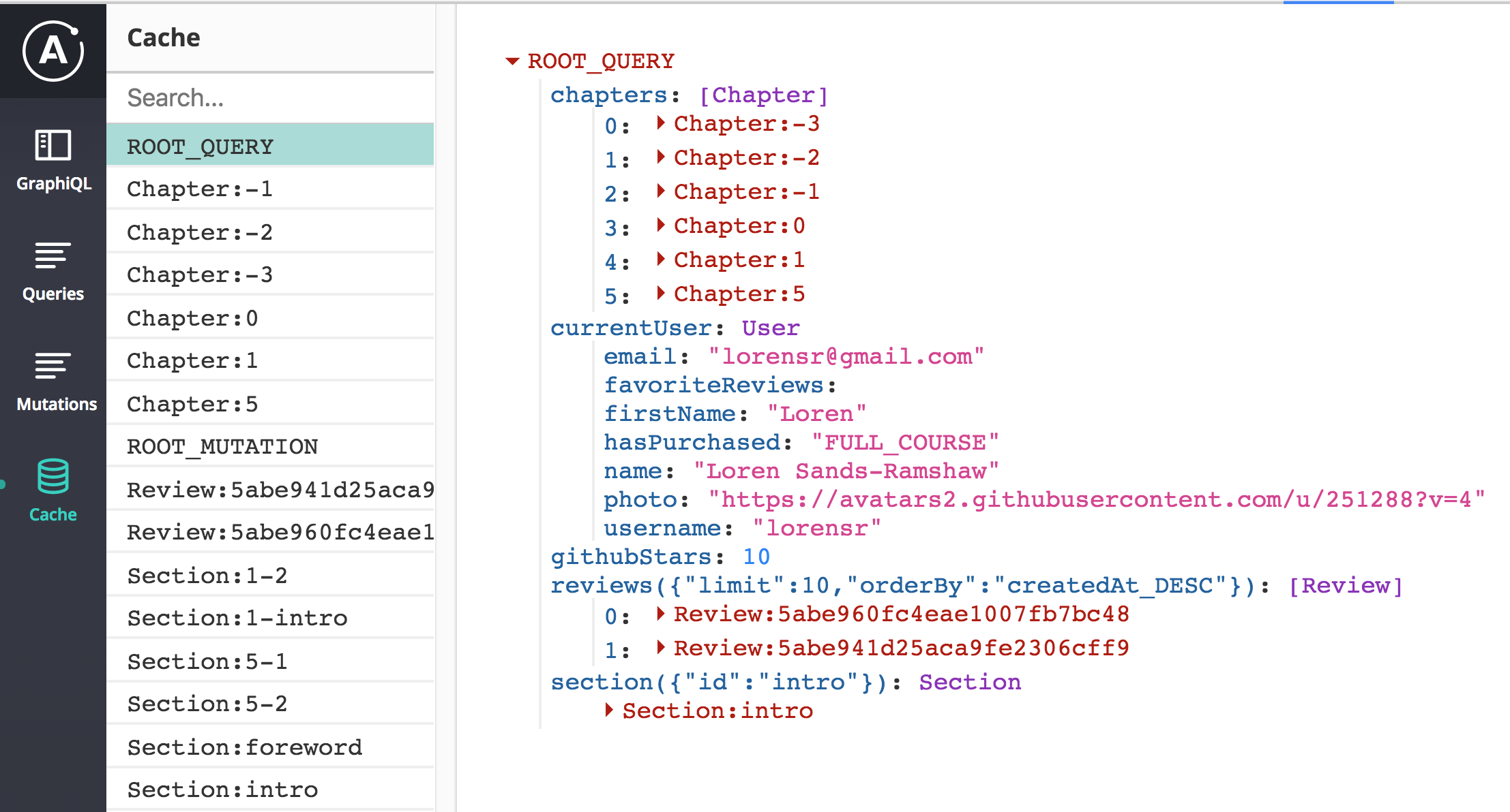 View of the cache in devtools