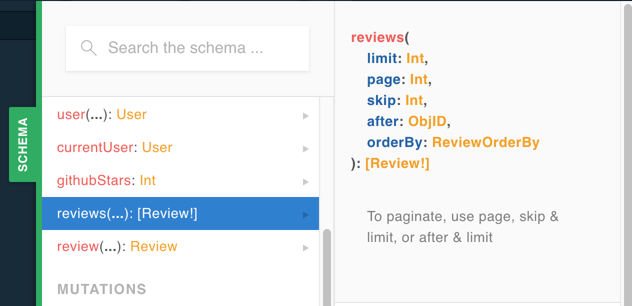 reviews Query in the schema