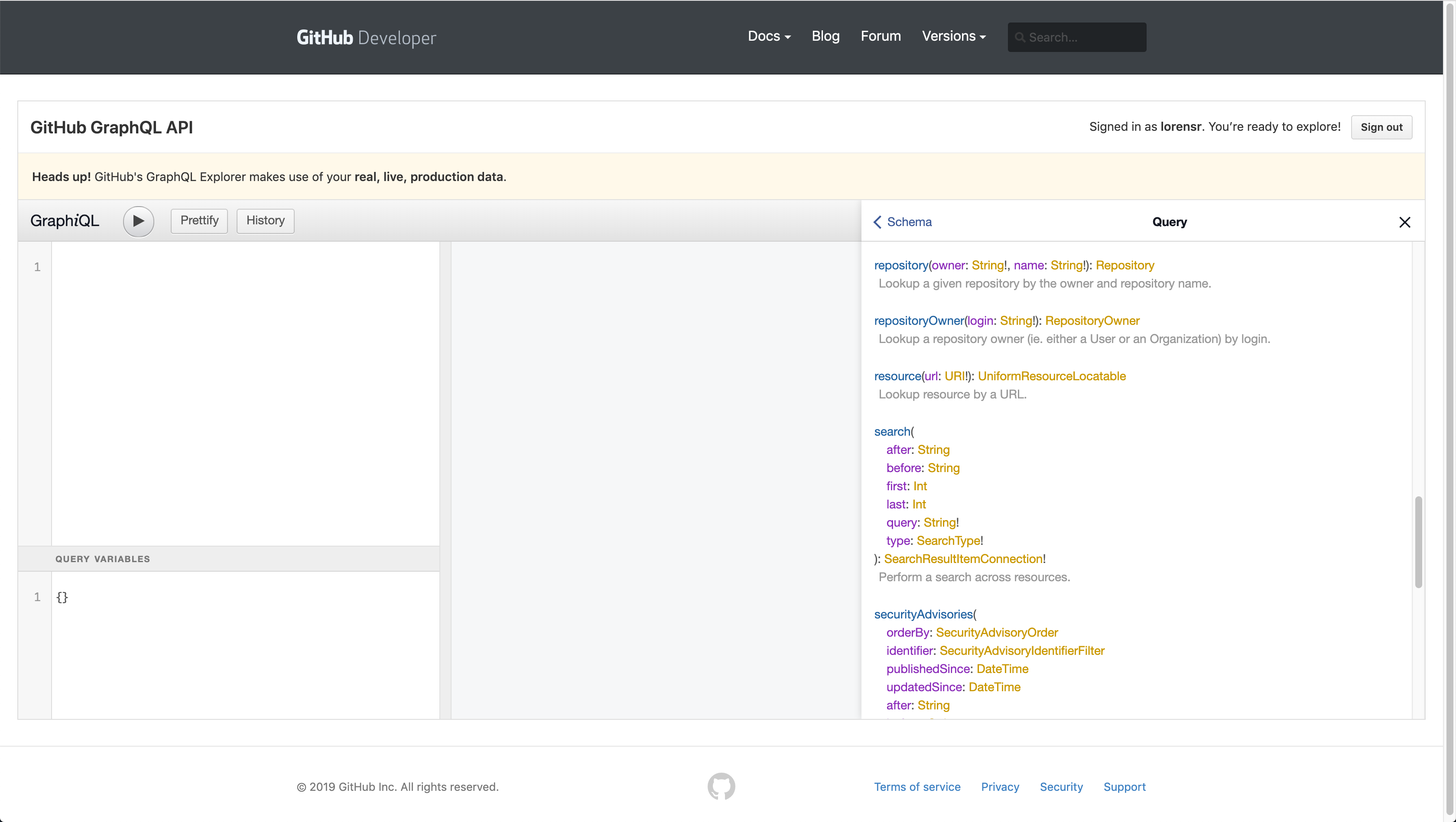 GitHub’s GraphiQL with Query fields