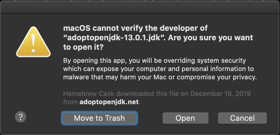 Cannot verify developer dialog for adoptopenjdk.net