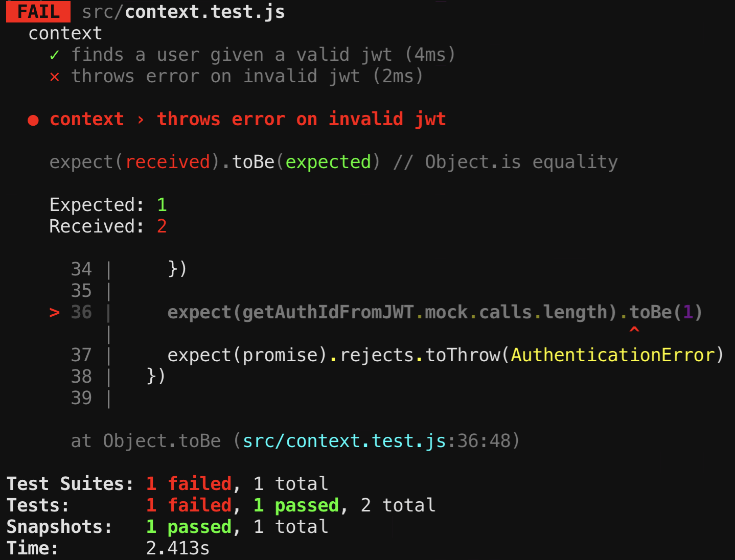 Invalid jwt test fails, receiving 2 instead of 1