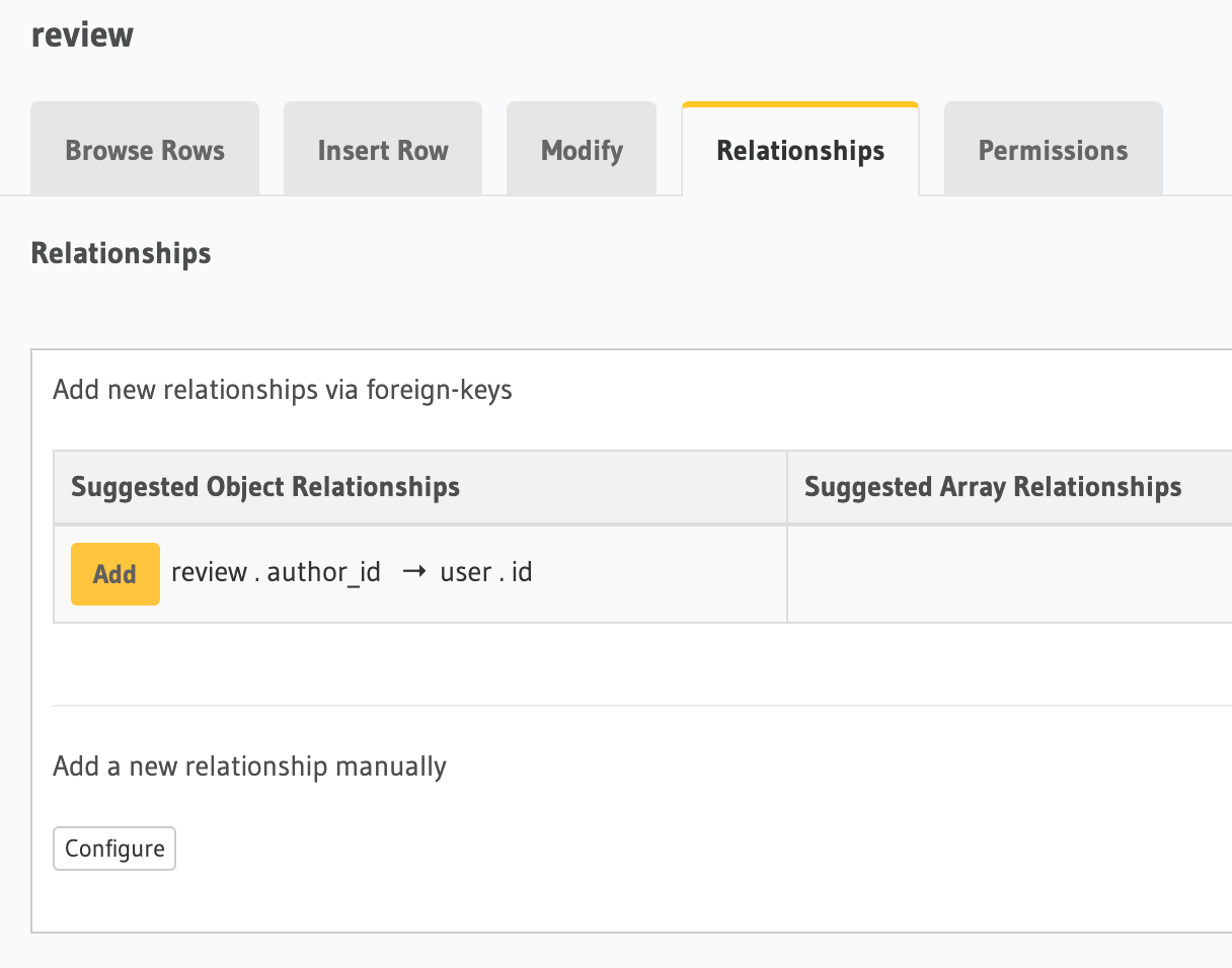 Relationships tab with suggested relationship